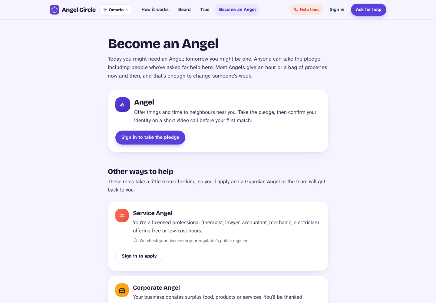 Angel Circle become an Angel page listing Angel, Service Angel and Corporate Angel roles