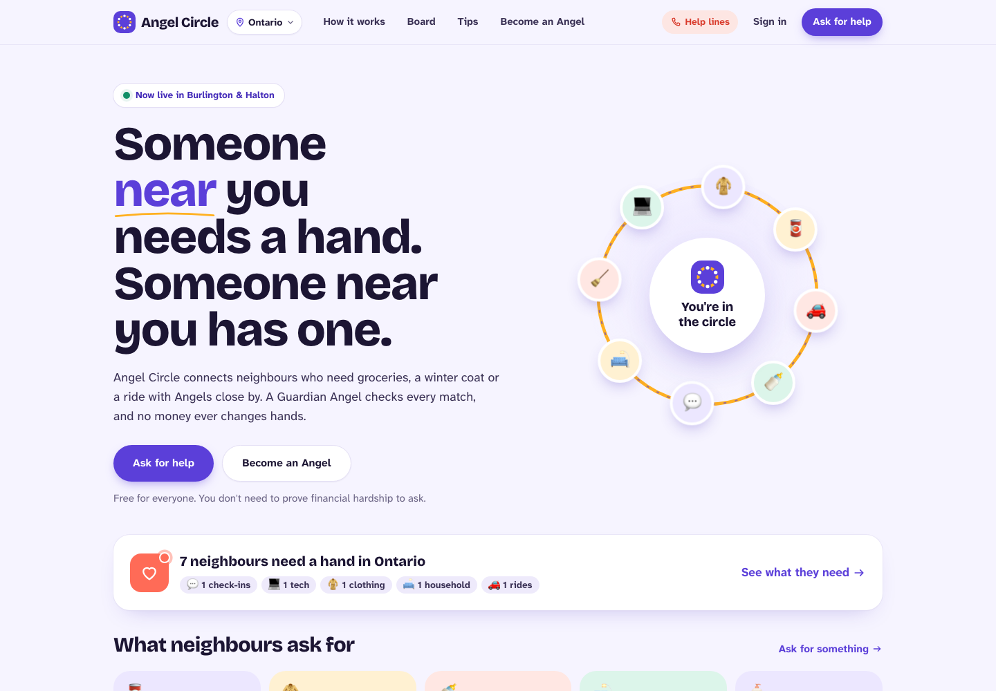 Angel Circle home page: someone near you needs a hand, someone near you has one