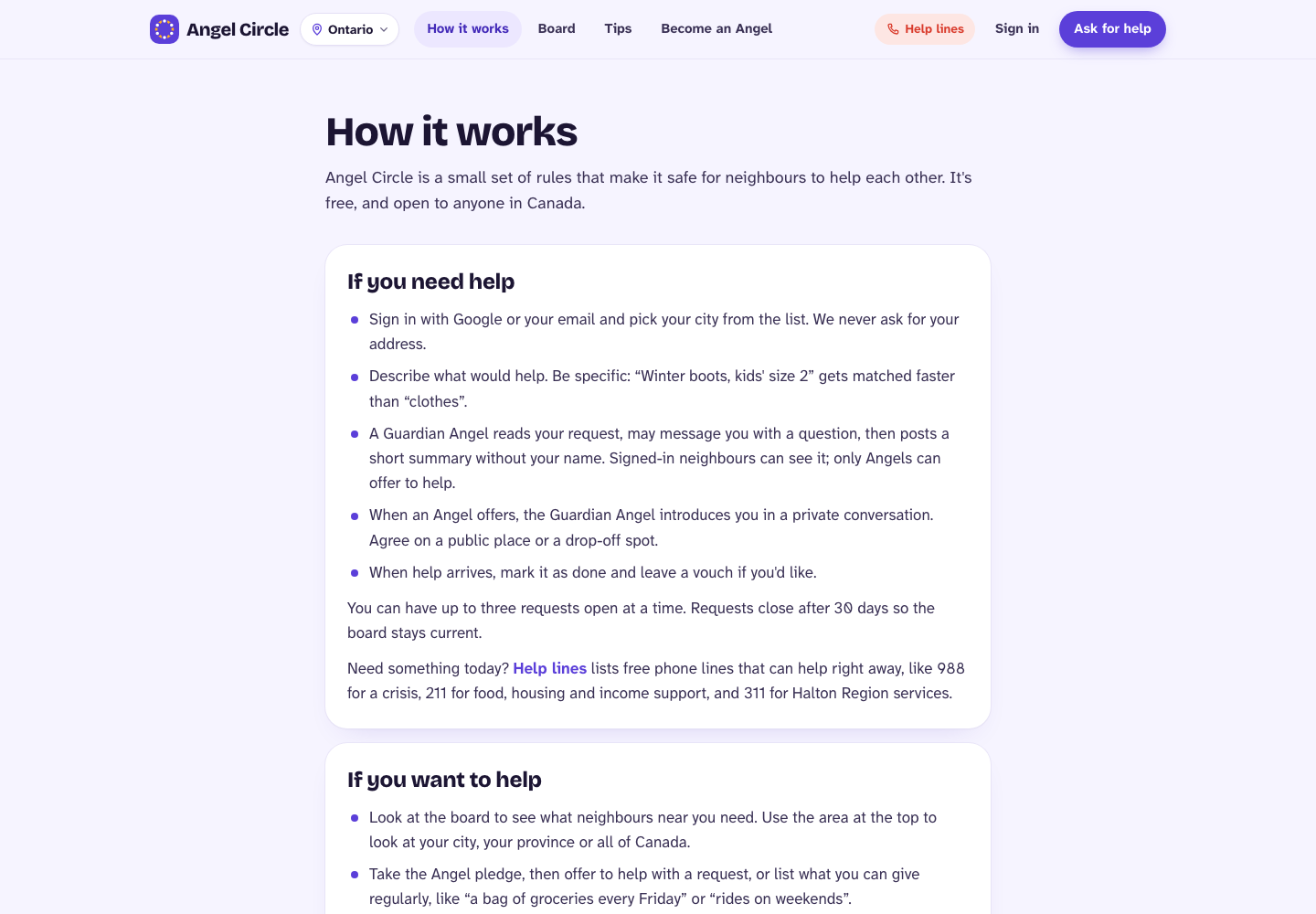 Angel Circle how it works page explaining requests, Guardian review and private introductions